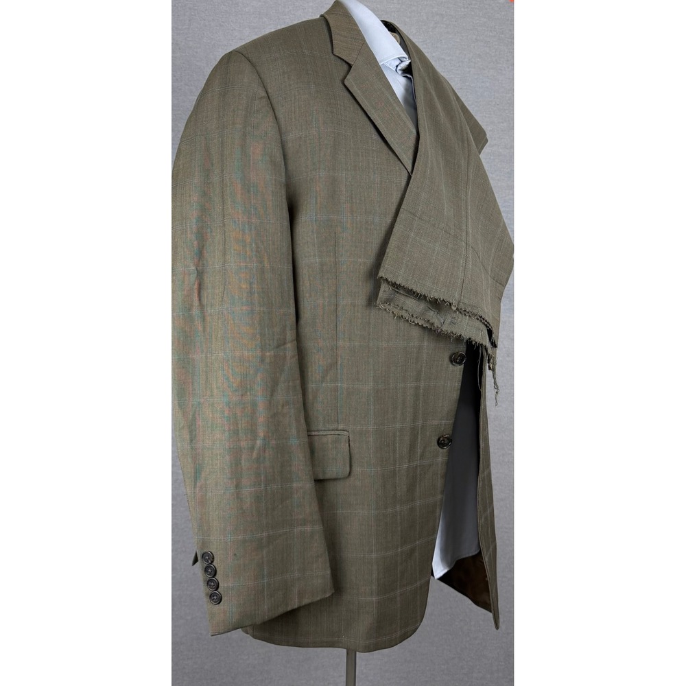 Joseph Abboud Nordstrom Mens Suit 46R W40 Wool Super 100s Plaid Olive Green 2pc